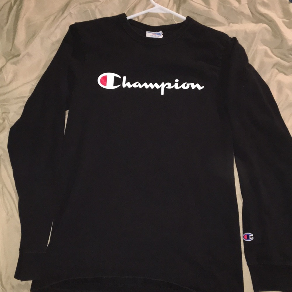 Mens Champion Black Long Sleeve Logo Graphic Tee